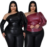 Plus Size PU Leather Off Shoulder Ruffle Top ASL-7063