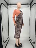 Leopard Print Patchwork Long Sleeve Midi Dress NLAF-60102