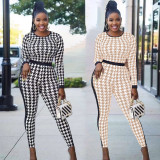 Houndstooth Print Long Sleeve Two Piece Pants Set SLF-7024