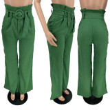 Solid High Waist Belted Wide Leg Pants MXDF-6071