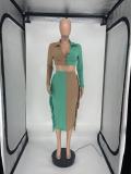 Contrast Color Long Sleeve Tassel Midi Skirt 2 Piece Sets SLF-7030