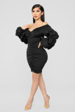 Black Sexy Off Shoulder Puff Sleeve Ruched Mini Dress LSL-6207