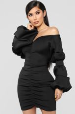 Black Sexy Off Shoulder Puff Sleeve Ruched Mini Dress LSL-6207