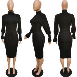 Black Ribbed Turtleneck Long Sleeve Sashes Midi Dress BGN-221