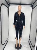 Plus Size Velvet Sequin Zipp Coat And Pants Set SLF-7032