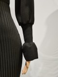 Black Ribbed Turtleneck Long Sleeve Sashes Midi Dress BGN-221