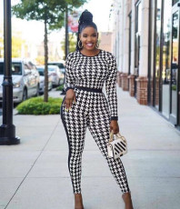 Houndstooth Print Long Sleeve Two Piece Pants Set SLF-7024