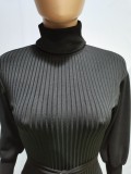Black Ribbed Turtleneck Long Sleeve Sashes Midi Dress BGN-221