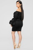 Black Sexy Off Shoulder Puff Sleeve Ruched Mini Dress LSL-6207