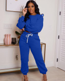 Solid Sports Long Sleeve Two Piece Pants Set WAF-77403