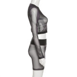 Black Sexy Mesh See Through Long Sleeve Shorts Set (Without Underwear) XEF-K21S06881