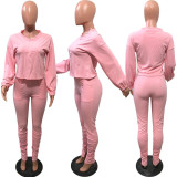 Solid V Neck Long Sleeve Stacked Pants 2 Piece Sets OMY-80086