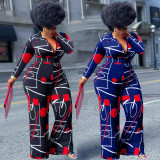 Plus Size Printed Long Sleeve Jumpsuit (With Belt) HYF-5050