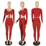 Solid Sexy Long Sleeve Lace Up Top Ruched Pants 2 Piece Sets PIN-8643