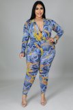 Plus Size Sexy Printed V Neck Long Sleeve Jumpsuit APLF-11015