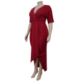 Plus Size V Neck Irregular Short Sleeve Maxi Dress NNWF-7420