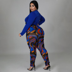 Plus Size Long Sleeve Bandage Top+Printed Pants Sets NNWF-7390