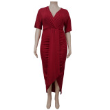 Plus Size V Neck Irregular Short Sleeve Maxi Dress NNWF-7420