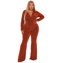 Plus Size Solid Long Sleeve Two Piece Pants Set NNWF-7386