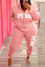 Plus Size Pink Letter Hooded Zipper Two Piece Sets WAF-77408P118