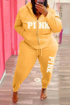 Plus Size Pink Letter Hooded Zipper Two Piece Sets WAF-77408P118
