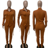Solid Drawstring Ruched Long Sleeve 2 Piece Sets LSD-82002