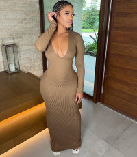 Solid Ribbed Long Sleeve Bodycon Maxi Dress MN-9322