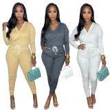 Casual Solid V Neck Long Sleeve Jumpsuit SFY-2154