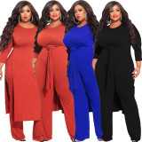 Plus Size Solid Split Top And Pants Two Piece Sets LDS-3300