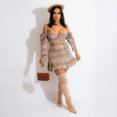 Sexy Plaid Off Shoulder Crop Top Pleated Mini Skirt Sets MEI-9227
