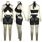 Sexy Halter Crop Top+Mini Skirt+Underpants 3 Piece Sets TE-4373