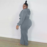 Plus Size Solid Hooded Zipper Two Piece Pants Set XMF-089