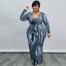 Plus Size Printed Long Sleeve Sashes Maxi Dress OSIF-21426