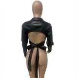 PU Leather Backless Tie-Knot Long Sleeve Top LSD-81096