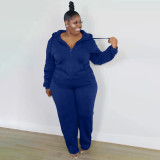 Plus Size Solid Hooded Zipper Two Piece Pants Set XMF-089