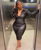 Plus Size Black PU Leather Long Sleeve Midi Dress LSD-81033