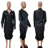 Plus Size Black PU Leather Long Sleeve Midi Dress LSD-81033