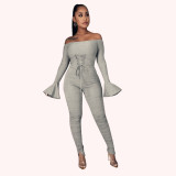 Sexy Off Shoulder Flare Sleeve Bandage Ruched Jumpsuit YYF-6629