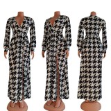 Houndstooth Print V Neck Long Sleeve Split Maxi Dress (Without Belt)CY-6577