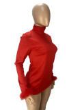 Solid Turtleneck Feather Long Sleeve Slim Top AWN-5235