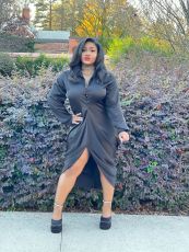 Black Sexy Long Sleeve Ruched Midi Shirt Dress JCF-7069