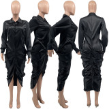 Black Sexy Long Sleeve Ruched Midi Shirt Dress JCF-7069