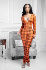 Plaid V Neck Long Sleeve Stacked Jumpsuit YYF-6630