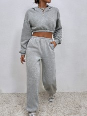 Solid Hooded Crop Top And Pants 2 Piece Sets XMEF-1159