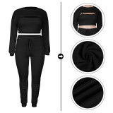 Plus Size Solid Ribbed Long Sleeve Crop Top+Camisole+Pants 3 Piece Sets MA-Y453