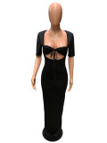 Black Sexy Hollow Out Split Slim Maxi Dress QZX-6241