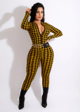 Houndstooth Print Long Sleeve Zipper Jumpsuit (Without Chain)SFY-2157