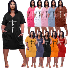 Plus Size Letter Print V Neck Short Sleeve Midi Dress TK-6215