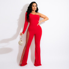 Red Sexy One Shoulder Patchwork Jumpsuit CYA-9505