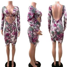 Sexy Printed Long Sleeve Drawsting Bodycon Dress NYMF-NQ6002
